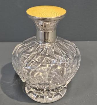 Silver and Yellow Engine Turned Enamel Topped Scent Bottle