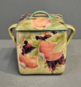 Early Moorcroft Green Pomegranate Twin Handle Biscuit Box and Cover