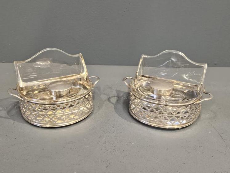 Unusual Matching Pair of Silver and Crystal Ink Wells - Image 1