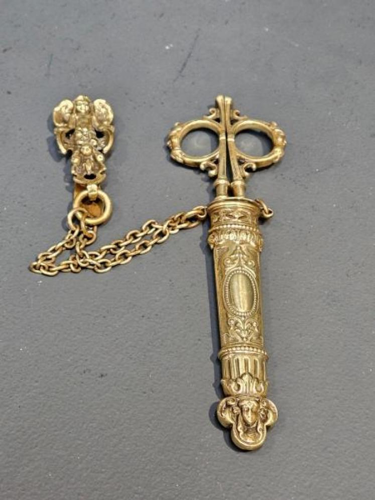 Victorian Brass Scissors and Hanging Sheath - Image 1