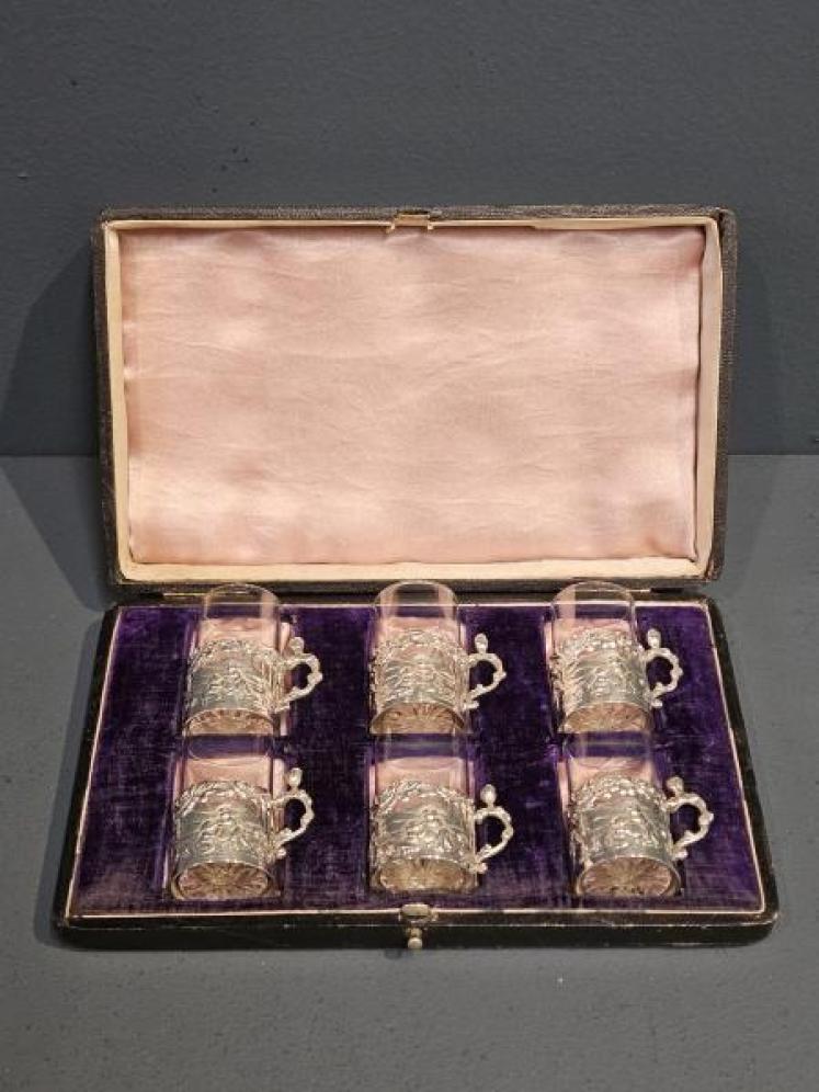 Set of Six Edwardian Silver Mounted Liqueur Glasses by William Comyns - Image 1