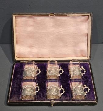 Set of Six Edwardian Silver Mounted Liqueur Glasses by William Comyns