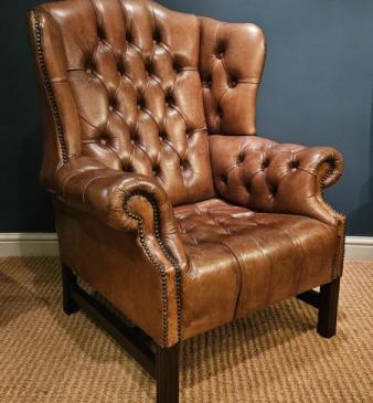 1920's Tan Hide Wing Back Arm Chair 
