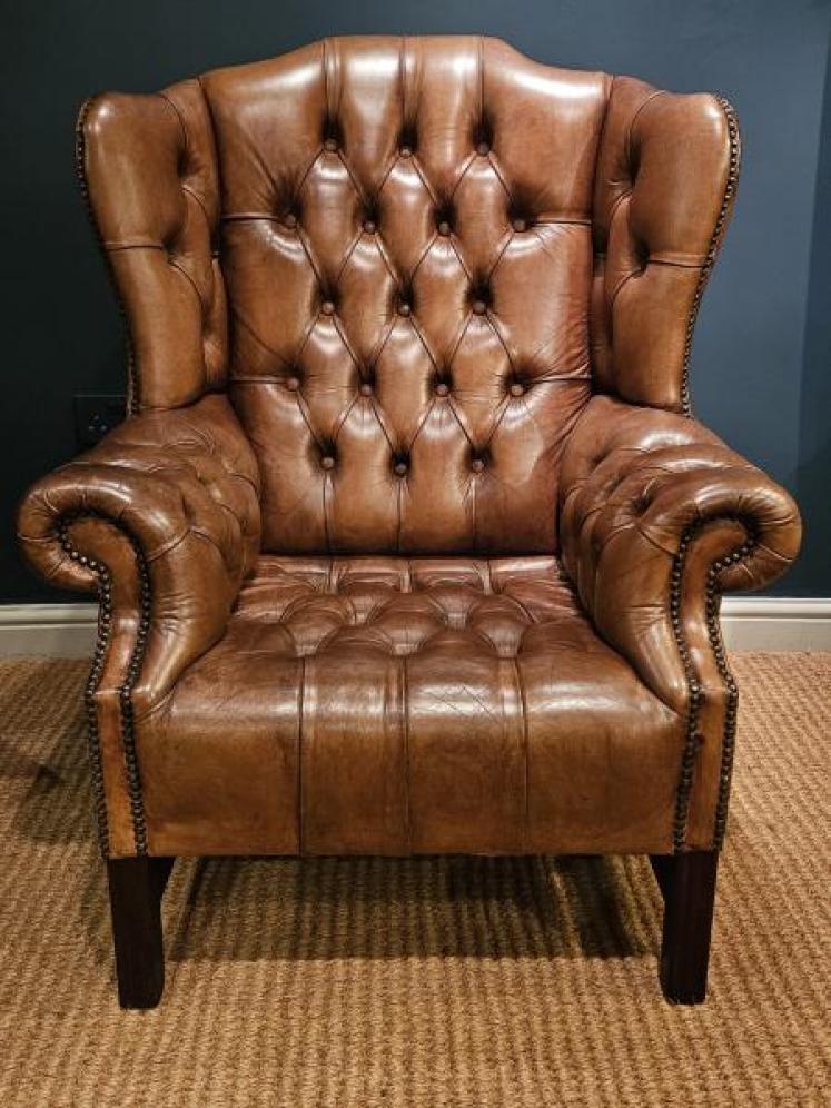 1920's Tan Hide Wing Back Arm Chair  - Image 3