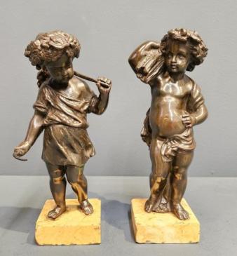 Pair of Bronze Cherub Wheat Gatherers
