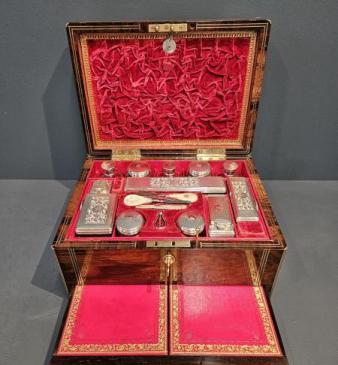  Early Victorian Rosewood Travelling Box with Silver Contents