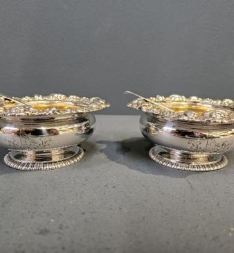 Pair of Large George III Silver Salts and Matching Spoons