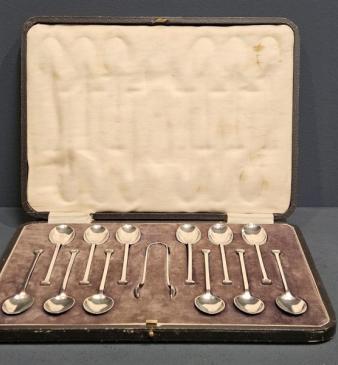 Set of 12 Silver Art Deco Spoons and Tongs