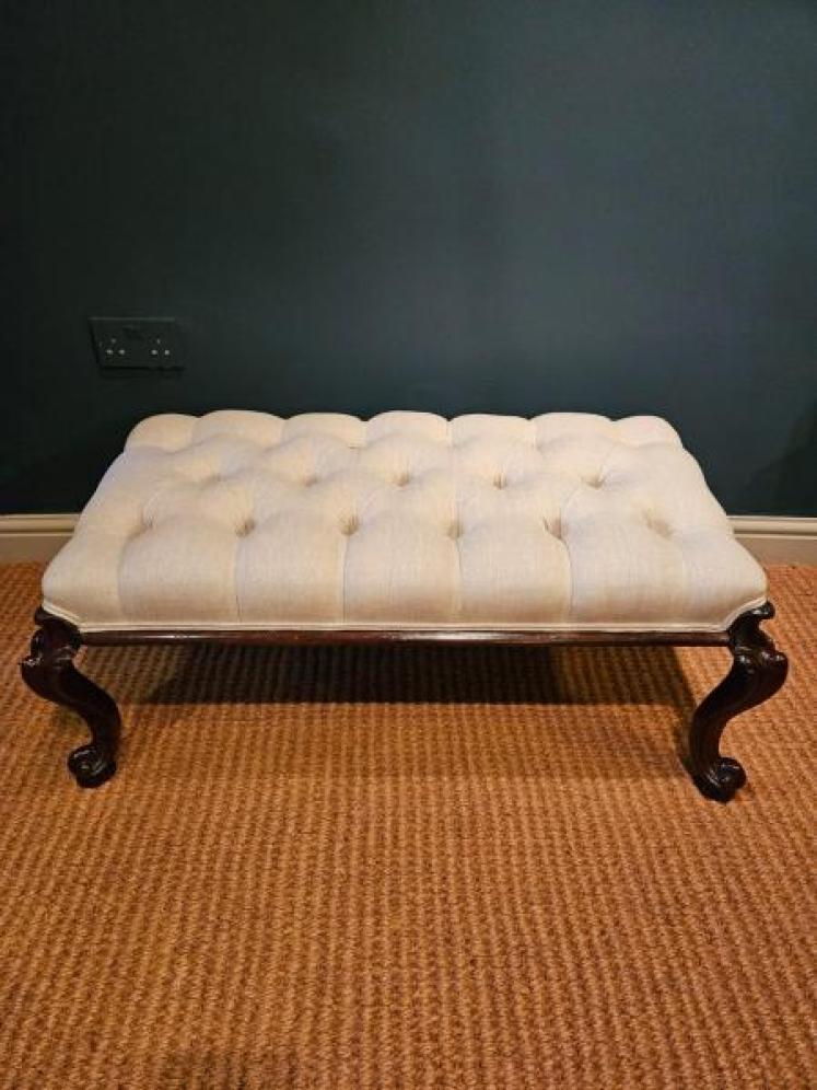 Early Victorian Cabriole Leg Linen Covered Stool - Image 1
