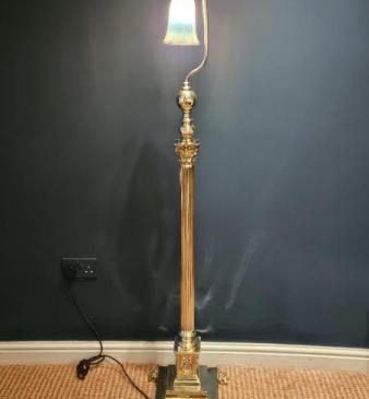 Superb Victorian Brass Lamp Standard with Vaseline Glass Shade