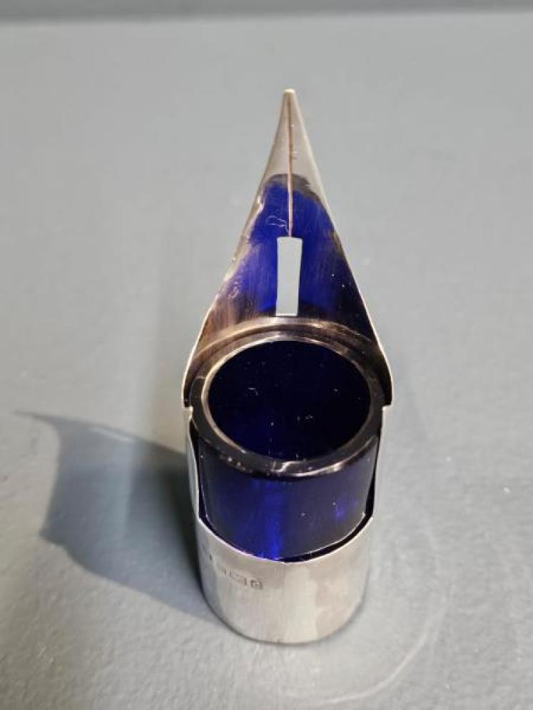 Edwardian Silver and Bristol Blue Glass Nib Ink Dip - Image 2