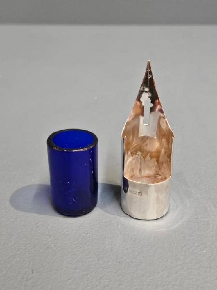 Edwardian Silver and Bristol Blue Glass Nib Ink Dip - Image 6
