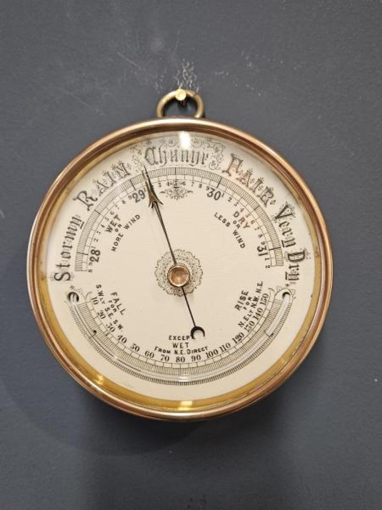 Victorian Brass Cased Marine Barometer with Porcelain Dial and Crescent Thermometer  - Image 1