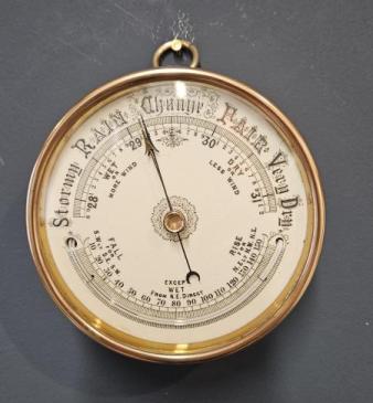 Victorian Brass Cased Marine Barometer with Porcelain Dial and Crescent Thermometer 