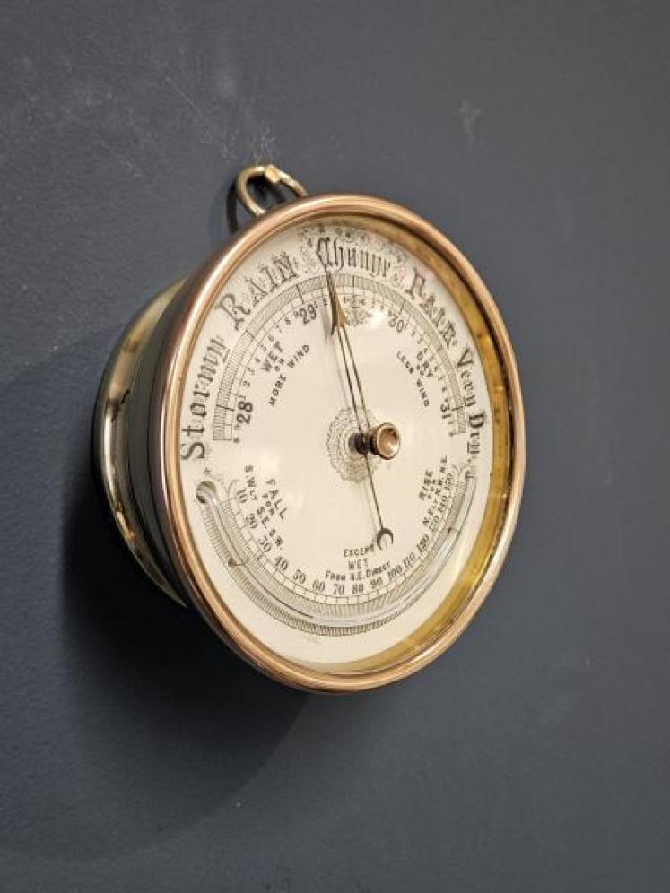 Victorian Brass Cased Marine Barometer with Porcelain Dial and Crescent Thermometer  - Image 2