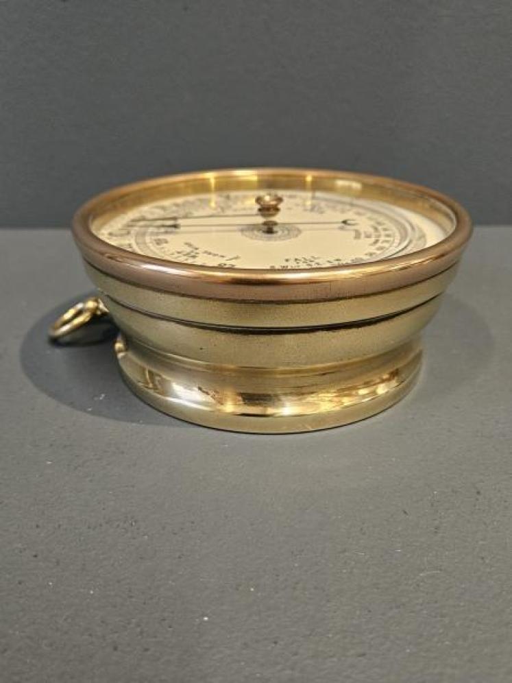 Victorian Brass Cased Marine Barometer with Porcelain Dial and Crescent Thermometer  - Image 5
