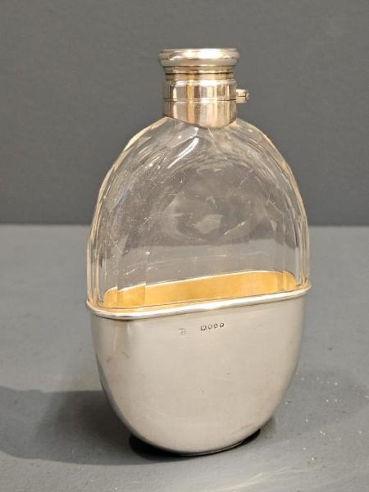 Oval Faceted Crystal and Silver Hip Flask  - Image 1