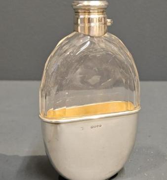 Oval Faceted Crystal and Silver Hip Flask 