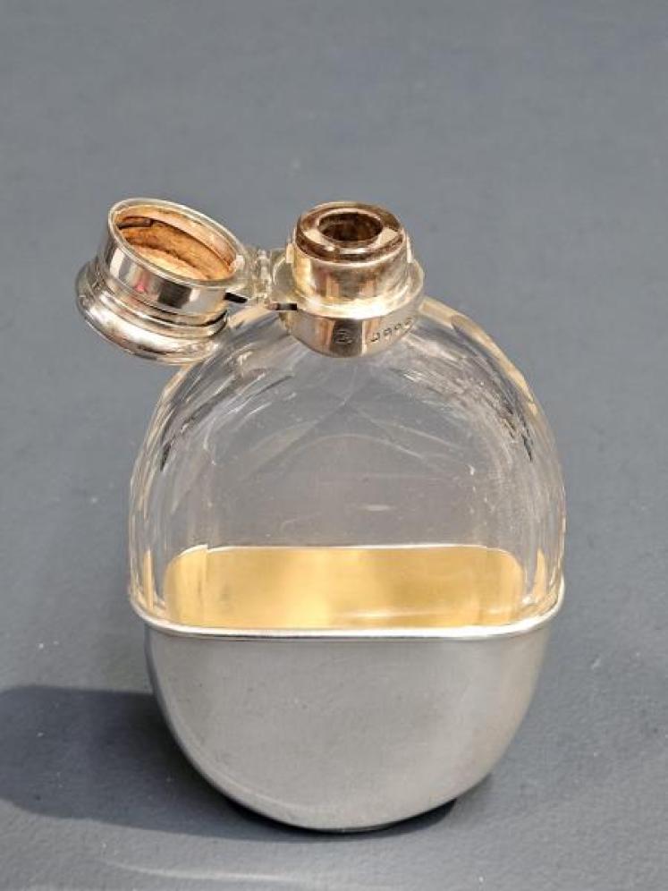 Oval Faceted Crystal and Silver Hip Flask  - Image 3