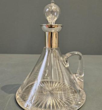 Silver Mounted Crystal Port Decanter in the Manner of Christopher Dresser 