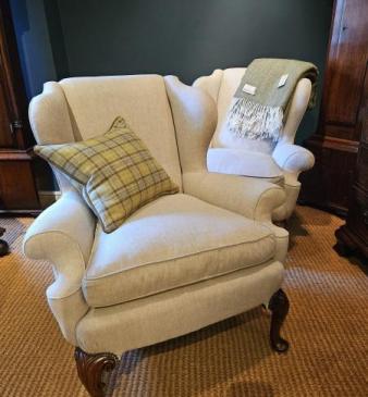 Pair of Victorian Cream Linen Wing Back Arm Chairs