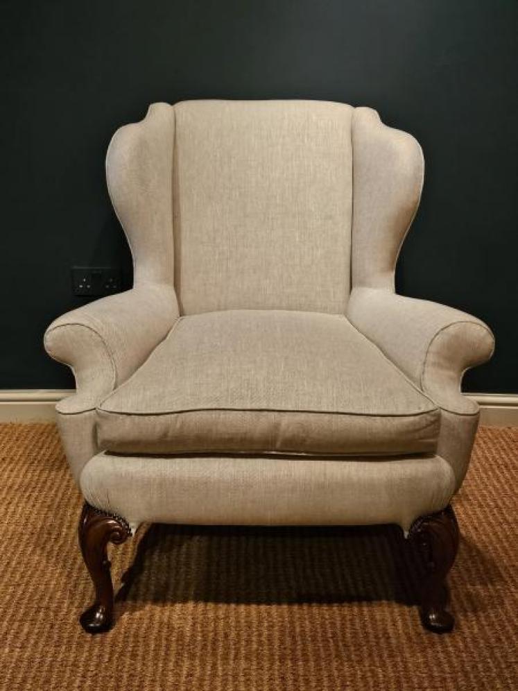 Pair of Victorian Cream Linen Wing Back Arm Chairs - Image 7