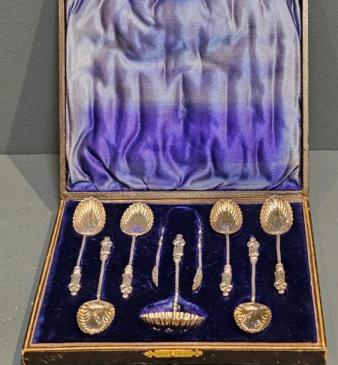 Victorian Silver Tea Spoons with Strainer and Tongs