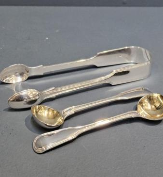 Mid Victorian Silver Sugar Spoons and Tongs Set