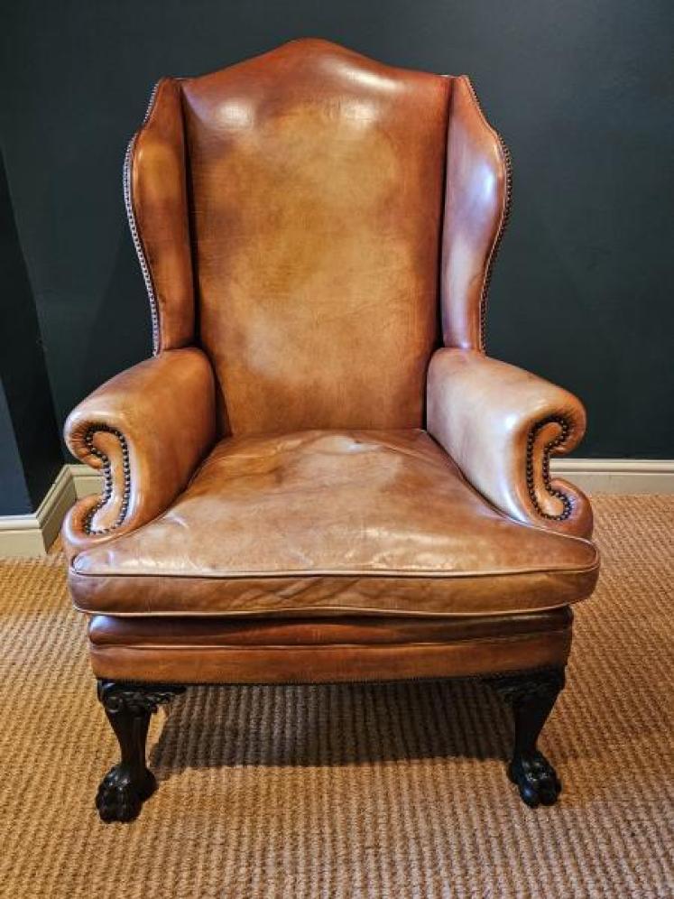 1930's Tan Leather Wing Back Arm Chair  - Image 1