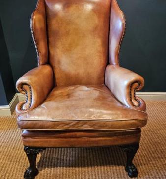 1930's Tan Leather Wing Back Arm Chair 