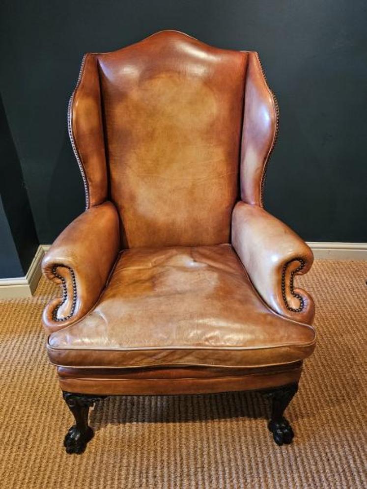 1930's Tan Leather Wing Back Arm Chair  - Image 4