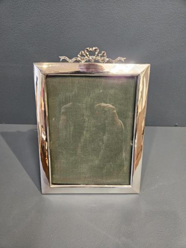Edwardian Portrait Sized Silver Photo Frame with Ribbon Crest - Image 1