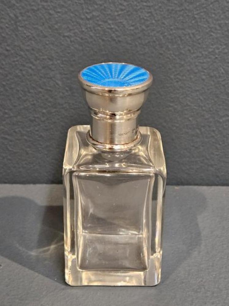 Edwardian Silver and Engine Turned Enamel Cut Crystal Scent Bottle - Image 1