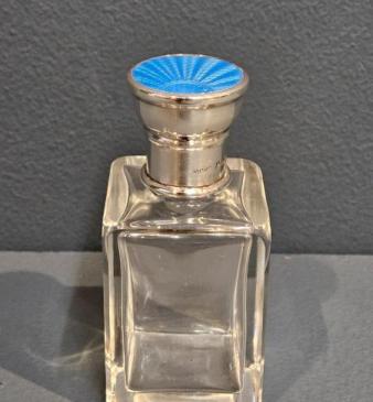 Edwardian Silver and Engine Turned Enamel Cut Crystal Scent Bottle