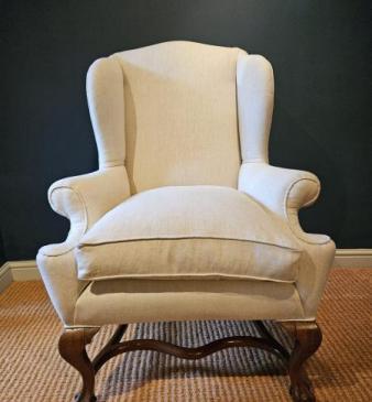 Late Victorian Wing Back Arm Chair in Cream Linen. 