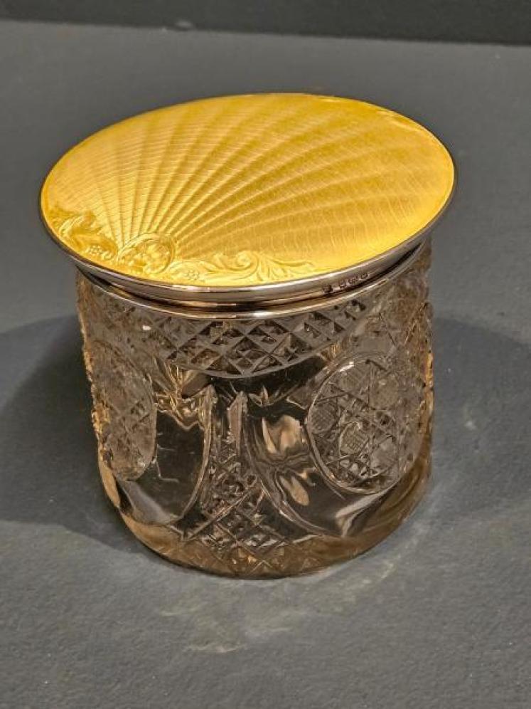 Silver and Engine Turned Yellow Enamel Top Cut Crystal Vase - Image 1