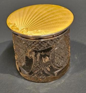 Silver and Engine Turned Yellow Enamel Top Cut Crystal Vase