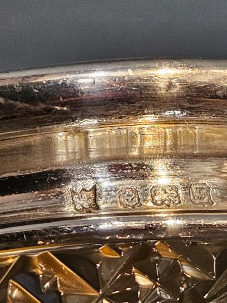 Silver and Engine Turned Yellow Enamel Top Cut Crystal Vase - Image 3