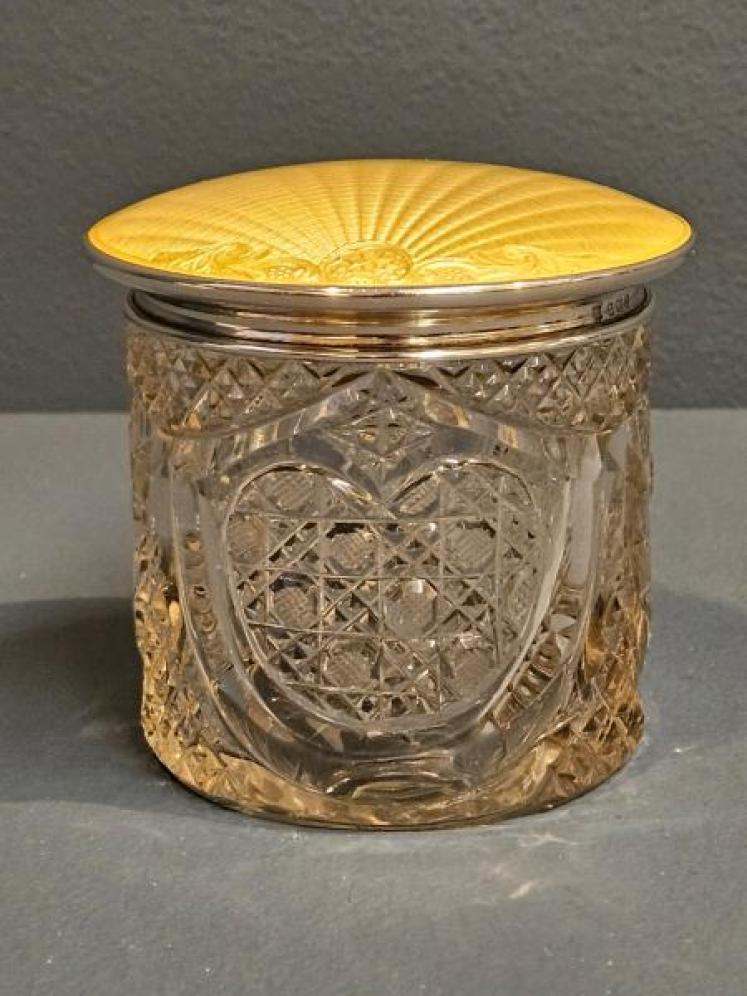 Silver and Engine Turned Yellow Enamel Top Cut Crystal Vase - Image 6