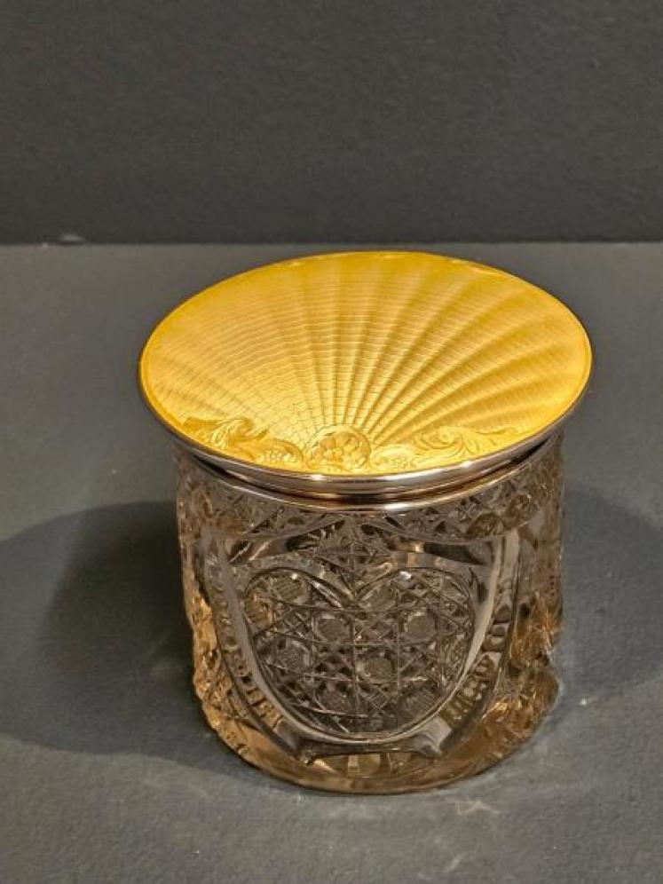 Silver and Engine Turned Yellow Enamel Top Cut Crystal Vase - Image 7