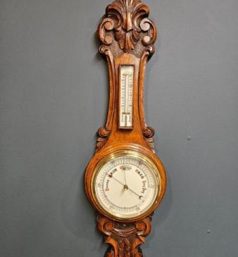 Compact Victorian Carved Oak Banjo Barometer