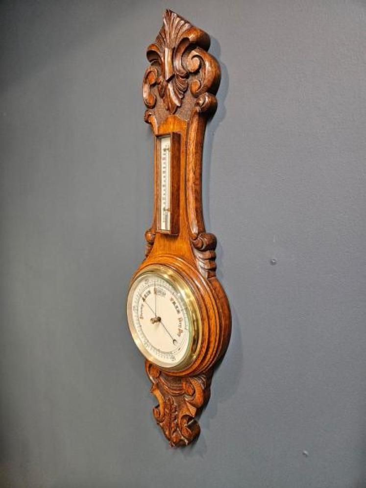 Compact Victorian Carved Oak Banjo Barometer - Image 7