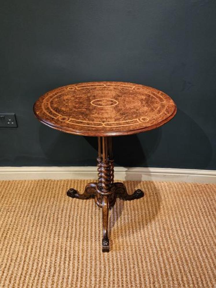 Mid Victorian Inlaid Burr Walnut Tripod Table - Image 1