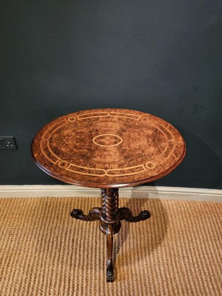Mid Victorian Inlaid Burr Walnut Tripod Table - Image 2