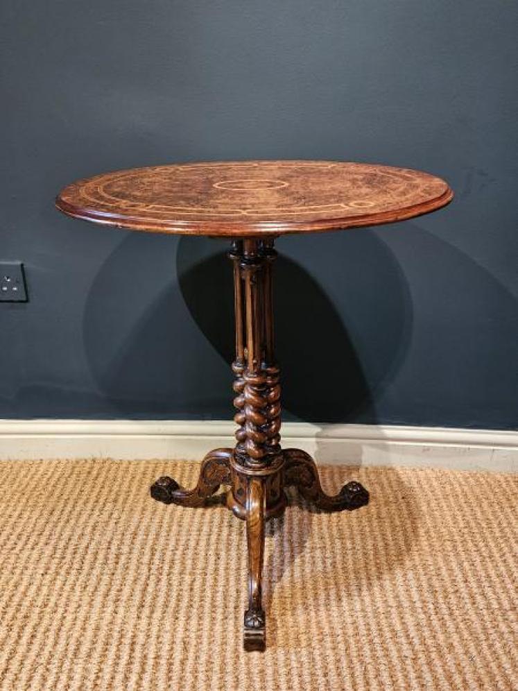 Mid Victorian Inlaid Burr Walnut Tripod Table - Image 3