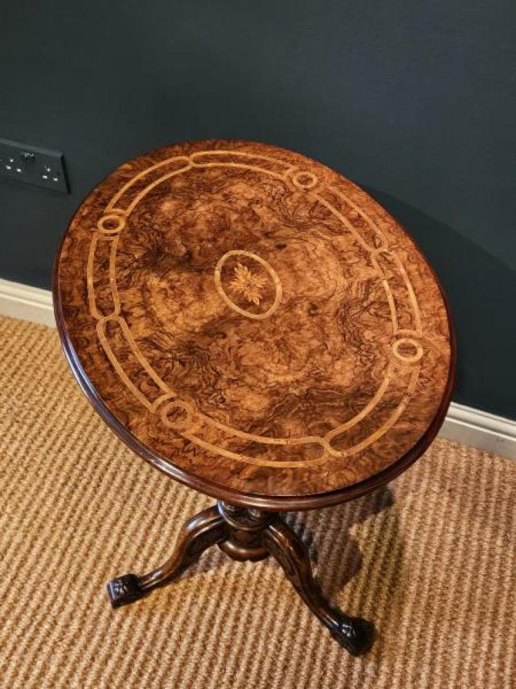 Mid Victorian Inlaid Burr Walnut Tripod Table - Image 7