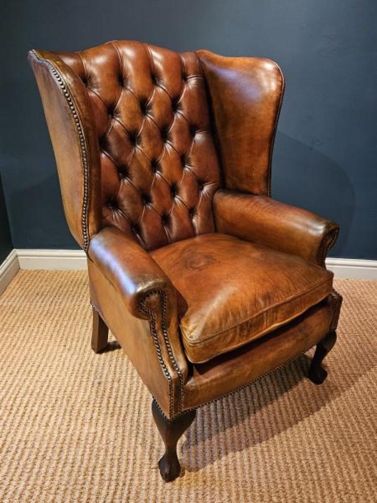 1930's Tan Leather Wing Back Arm Chair - Image 1