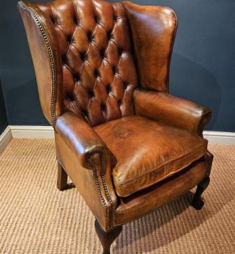 1930's Tan Leather Wing Back Arm Chair