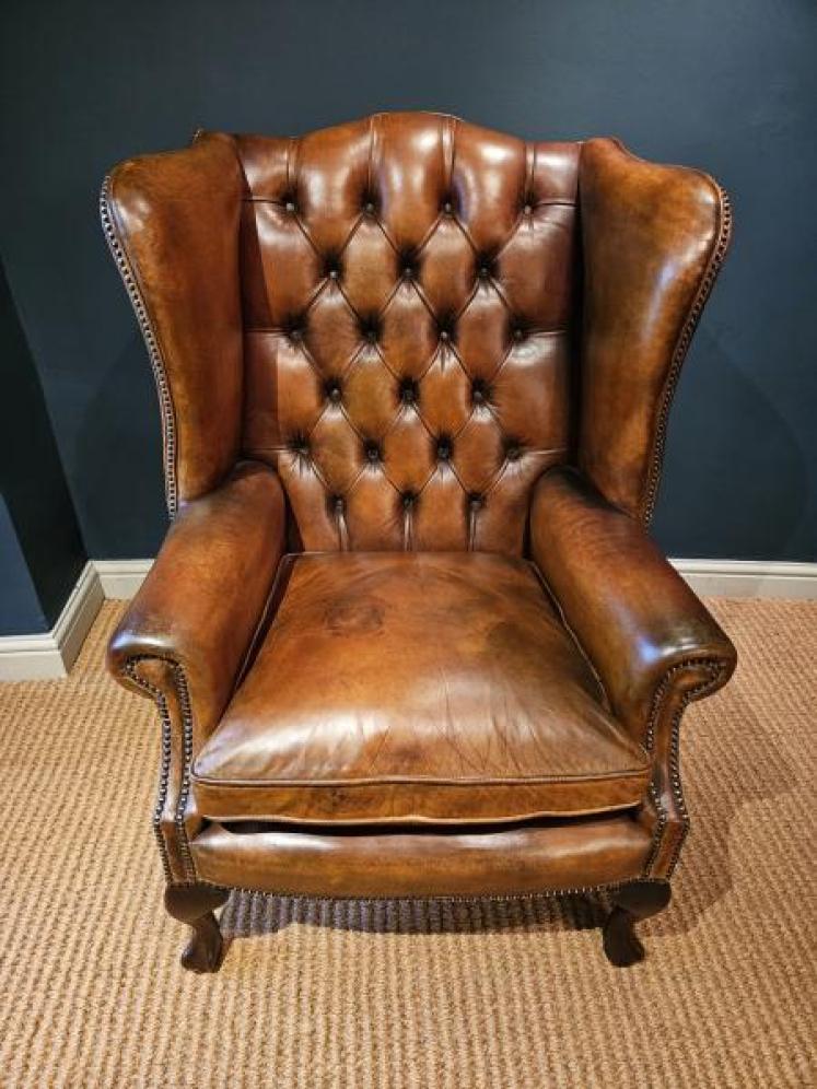1930's Tan Leather Wing Back Arm Chair - Image 5