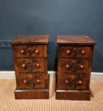 Pair of Victorian Burr Walnut Bedside Chests 